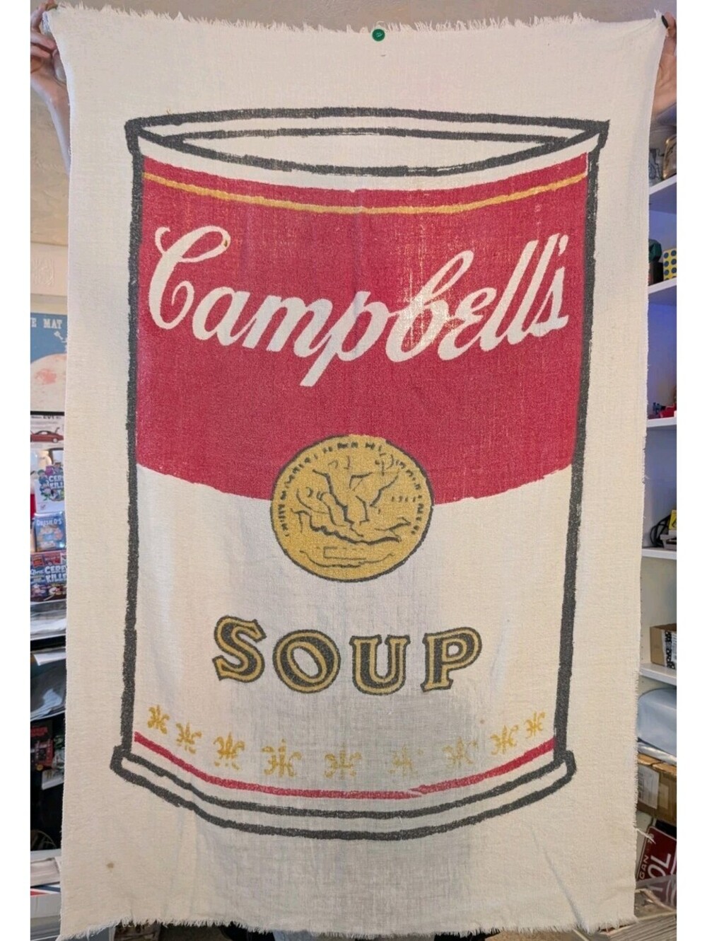 Vintage Campbell's Soup Can Pop Art Beach Towel with Button Closures and Fringe